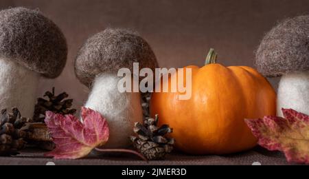 Harvest or Thanksgiving background with autumnal fruits and gourds on rustic wooden table Stock Photo