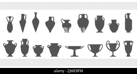 Greek vases silhouettes. Ancient amphoras and pots glyph illustration. Clay ceramic earthenware. Vector. Stock Vector