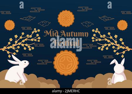 mid autumn festival illustration with two rabbits, mooncake, and tree Stock Vector