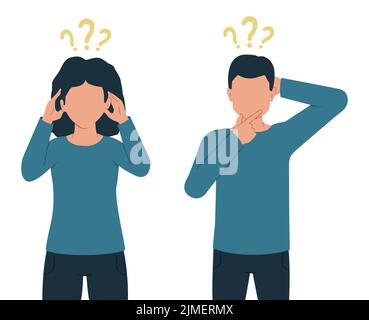 Vector illustration of thinking people, man and woman with question marks. Stock Photo