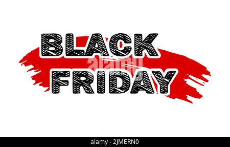 Black Friday lettering and red brush stroke design for poster banner or template. Stock Photo