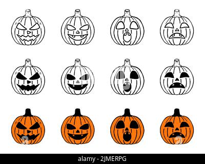 Set of Halloween pumpkins in different styles. Stock Photo