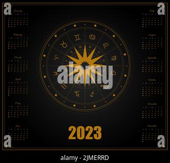 Magic calendar 2023 with zodiac signs. Week starting on sunday. Vector template ready to print. Horoscope wall picture design Stock Vector