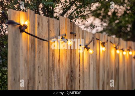 Cosy light bulbs lined up in a row, against a wooden garden fence. There are some green bushes and green grass in the background Stock Photo