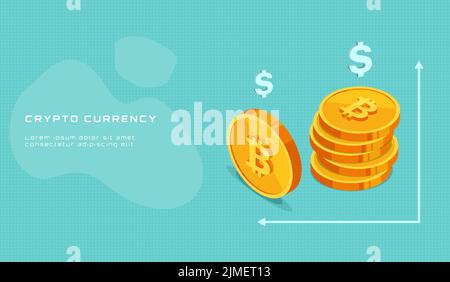 cryptocurrency inscription with bitcoin coins with dollar sign and arrows in isometric style Stock Vector