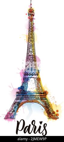 Travel to Paris poster, greeting card, print with hand drawn calligraphy lettering. Vector sketch illustration of Eiffel Tower on colorful watercolor Stock Vector