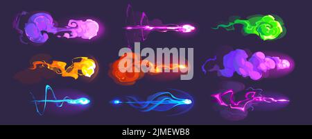 Blaster shot effects with fire, energy and plasma beams isolated on background. Vector cartoon set of alien weapons attack effect with plasma rays, lightning, fireball and flash Stock Vector