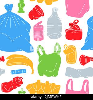 Hand drawn garbage pattern. Unsorted trash background. Background of colored garbage. Plastic, glass, metal, paper, organic waste illustration. Stock Vector