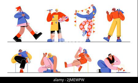 Mbti concept, people with different mindset types. Male and female characters with creative, imaginative, logical, structural, analytical thinking, Mind behavior mental models Line art flat vector set Stock Vector