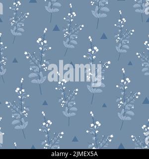 Vector grey blue plants with snow seamless pattern background with hand drawn illustration Stock Vector