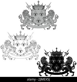 Crowned heraldic shield with three silver fleur-de-lys, flanked by two rampant lions and halberds Stock Vector