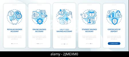 Types of saving accounts blue onboarding mobile app screen Stock Vector