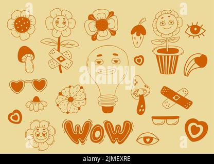 Retro groovy elements. Funny cartoon characters with faces funky flower power with patch, flowerpot, light bulb, heart and eye glasses, mushrooms. Vec Stock Vector