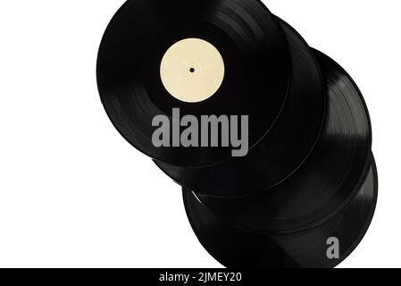 Old vinyl records isolated on white background. Top view of old gramophone records with a label without an inscription. Copy space. Stock Photo