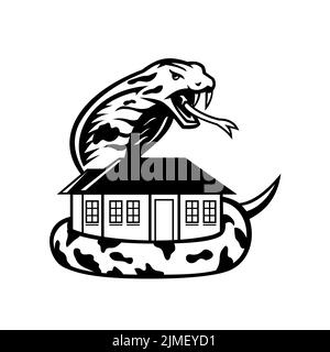 King Cobra or Ophiophagus Hannah Venomous Snake Guarding a House Ready to Attack Mascot Black and White Stock Photo