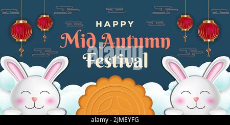 realistic happy mid autumn festival illustration with rabbits, lanterns, and clouds Stock Vector