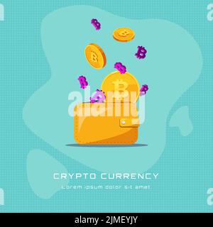 the inscription cryptocurrency and bitcoin coins in isometric style flying out of the wallet along with volume signs bitcoin on a light turquoise Stock Vector