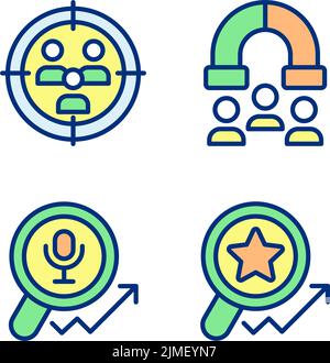 Audience research and analysis pixel perfect RGB color icons set Stock Vector