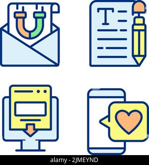 Create content for attract customers pixel perfect RGB color icons set Stock Vector