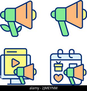 Effective advertising strategies pixel perfect RGB color icons set Stock Vector