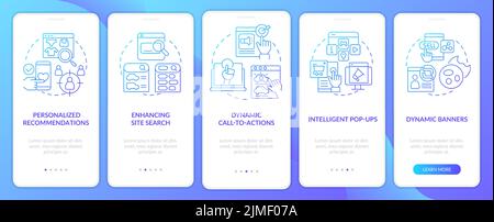 Examples of dynamic content blue gradient onboarding mobile app screen Stock Vector