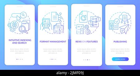 Key CMS characteristics blue gradient onboarding mobile app screen Stock Vector