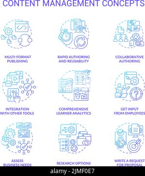 Content management system blue gradient concept icons set Stock Vector ...