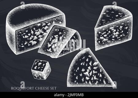 Cheese hand drawn vector illustrations collection. Chalk roquefort. Stock Vector
