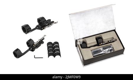 Quick disconnect mount made for holding a scope on a rifle isolated on white background. Quick Release Sniper Cantilever Scope Mount. Stock Photo