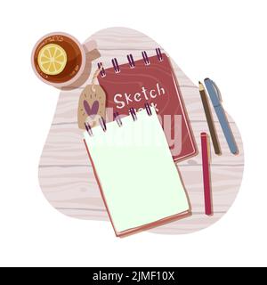 Concept with sketch books and a cup of tea in flat style for print and illustration.Vector illustration. Stock Vector