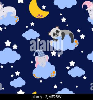 Seamless pattern. Cute hippo, panda and elephant are sleeping on a cloud on a blue background. Lullaby theme. Vector cartoon illustration Stock Vector