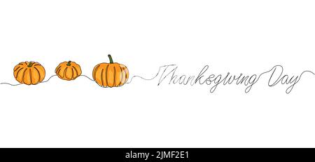 Thanksgiving Day continuous one line drawing background with pumpkins. Vector illustration for design poster, banner, flyer. Stock Vector