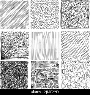 A set of square abstract backgrounds or patterns. Hand-drawn doodles. Blots, zigzags, smooth curves, lines. Modern quirky vector illustrations. Poster Stock Vector