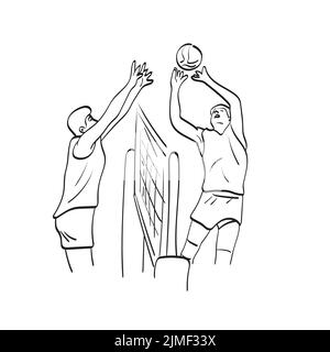 line art two professional volleyball players in action illustration vector hand drawn isolated on white background Stock Vector
