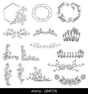 Collection of Artistic Hand Sketched Decorative Doodle Borders and Frames. Flower Wreath, Floral Design Elements. Hand Drawn vector Illustration. Stock Vector