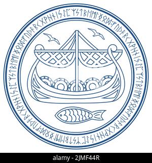 Warship of the Vikings. Drakkar in a circle of Norse runes Stock Vector