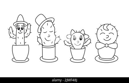 Doodle set cacti characters isolated vector illustration. Cactus girl, cactus guy in hat, cactus is sleeping. Funny black contour baby characters. Stock Vector