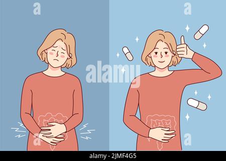 Unhealthy woman suffer from stomachache and feel better after pill. Girl taking medication from belly pain. Medicine and pharmacology. Vector illustration.  Stock Vector