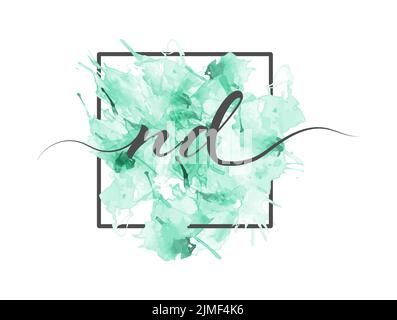 Calligraphic lowercase letters N and D are written in a solid line on a colored background in a frame Stock Vector