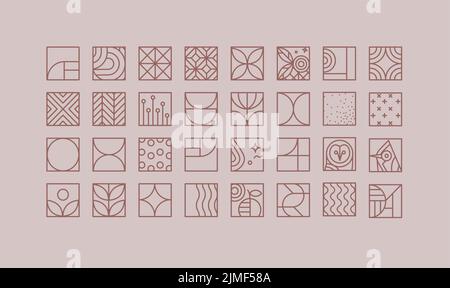 Set of creative modern art deco icons in flat line style drawing on purple background. Stock Vector