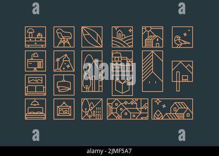 Set of creative modern art deco signs in flat line style drawing on blue background. Stock Vector