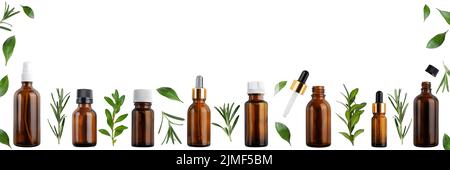 Dropper and spray bottles with oil and herbs isolated on white background flat lay view banner with copy space. Herbal cosmetics Stock Photo