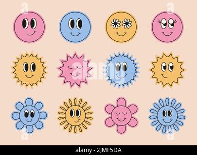 Collection of trendy funny retro stickers or stamps. Cool abstract positive patches. Vector illustration.  Stock Vector