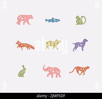 Set of animals floral graphic silhouettes bear, fish, monkey, fox, pig, dog, rabbit, elephant, cheetah drawing with color on dirty background Stock Vector
