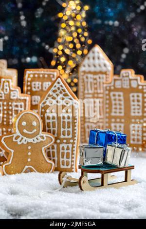 Christmas card with a festive gingerbread town. Stock Photo