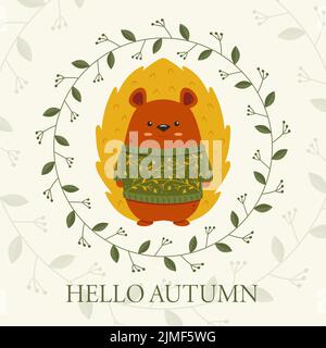 Cute Hedgehog in Green Sweater with Autumn Ornament Hello Autumn Post Stock Vector