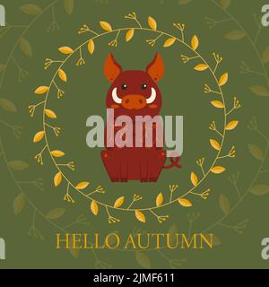 Cartoon Wild Boar with an Ornament on the Body Hello Autumn Stock Vector
