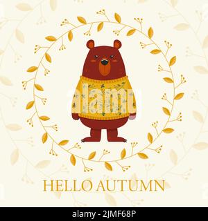 Cute Teddy Bear in a yellow Sweater with an Ornament Autumn Card Hello Autumn Stock Vector