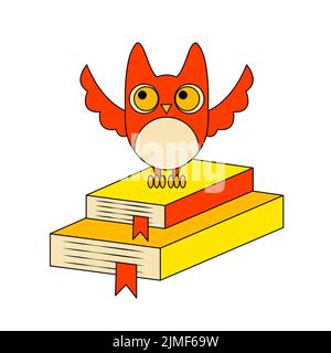 Red Owl with Books Isolated Element on White Background Knowledge Symbol Stock Vector