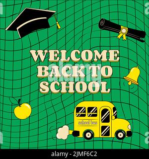 Green Welcome Back to School Banner in Retro Groove Style Stock Vector
